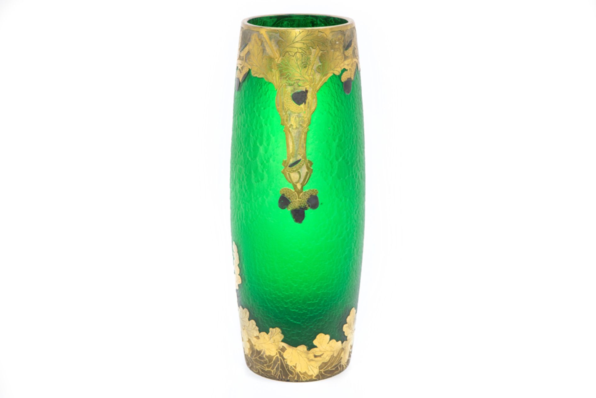 French St-Denis marked Art Nouveau vase in frosted green crystal with a gilded vegetal decor || ST-