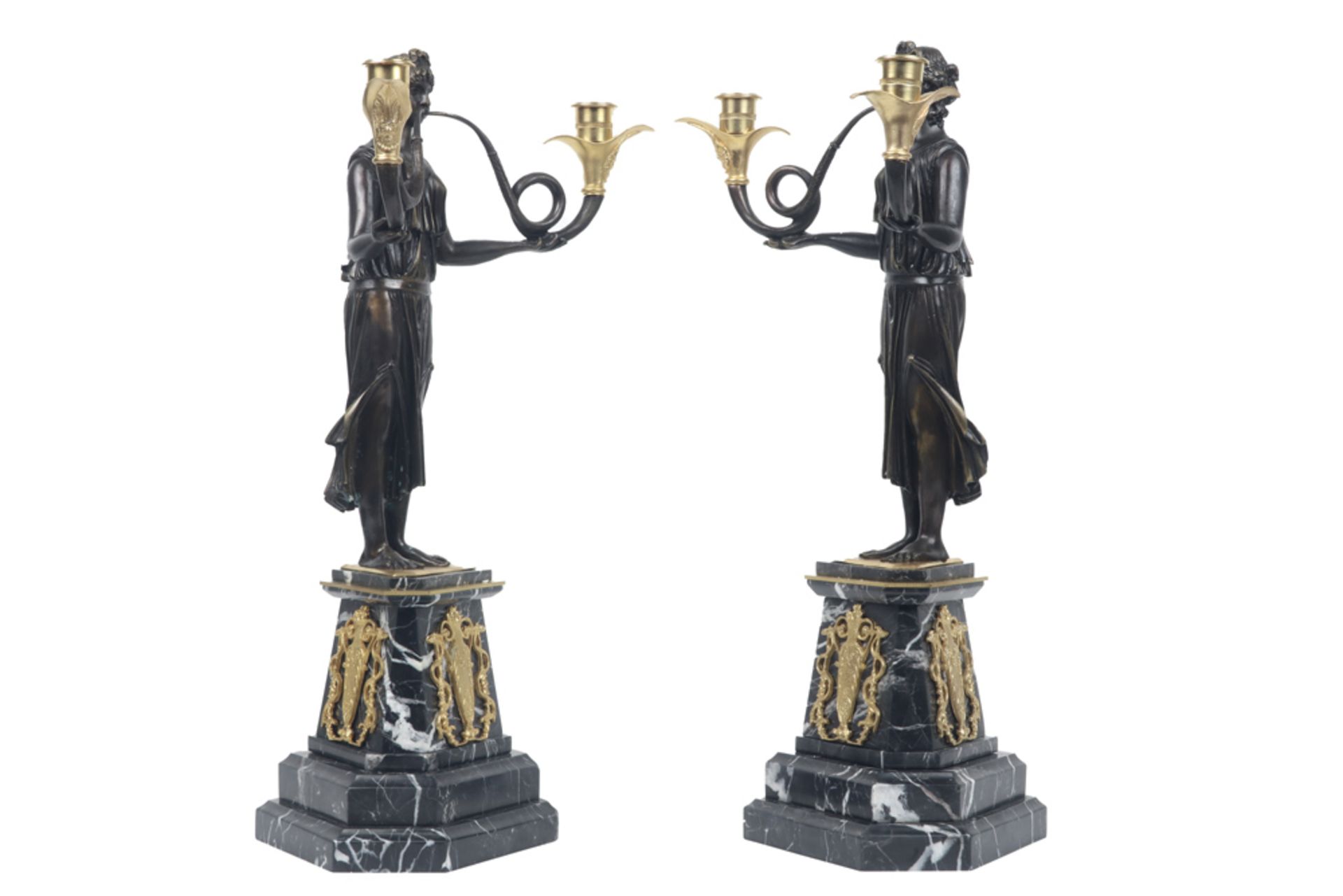 pair of Empire style "caryatid" candelabra in bronze and marble || Paar zgn "kariatide"- - Bild 6 aus 6