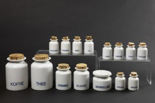 Ole Palsby "Eva" design set (16 pcs) of spice jars and containers in marked porcelain || OLE
