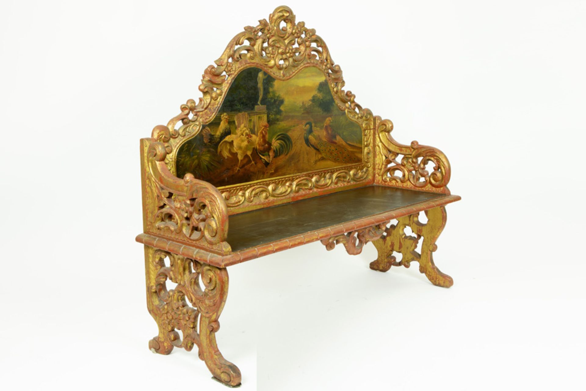 small antique Louis XV style bench in gilded and sculpted wood and with a panel with a painting of - Image 3 of 3