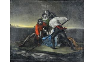 19th Cent. oil on canvas with a preliminary study/sketch of a composition with a raft and characters