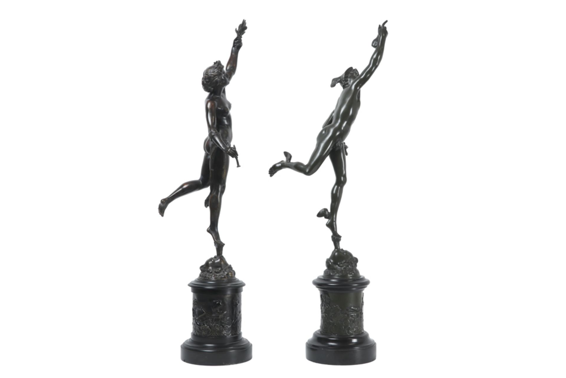 pair of 19th Cent. sculptures in bronze each on a marble base with bas reliefs - signed Jean de - Bild 4 aus 6
