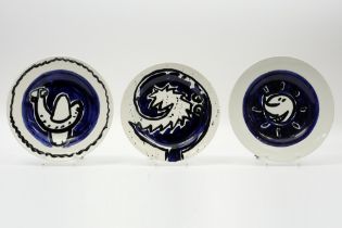 three 20th Cent. Belgian presumably unique dishes in painted ceramic - signed Bruneau and dated (