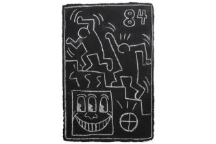 Keith Haring "Subway" drawing with typical figuration with on the back the remains of the posters on