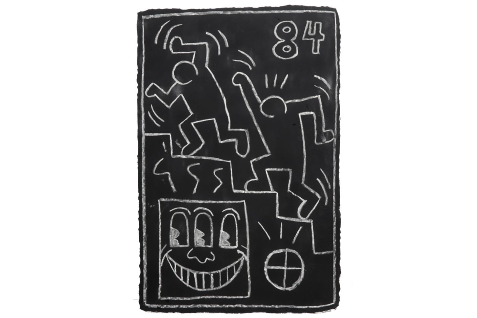 Keith Haring "Subway" drawing with typical figuration with on the back the remains of the posters on