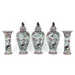 antique 5pc Famille Rose garniture in porcelain with a typical decor with flowers, birds and insects