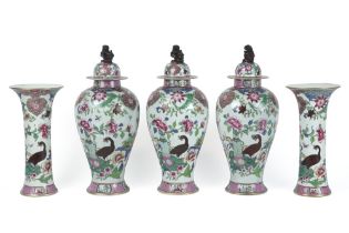 antique 5pc Famille Rose garniture in porcelain with a typical decor with flowers, birds and insects
