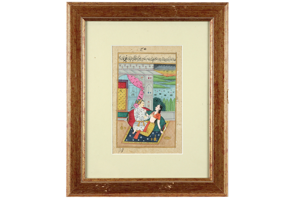 four framed antique Moghul miniatures with courtly scenes || Lot van vier antieke Moghul- - Image 6 of 9