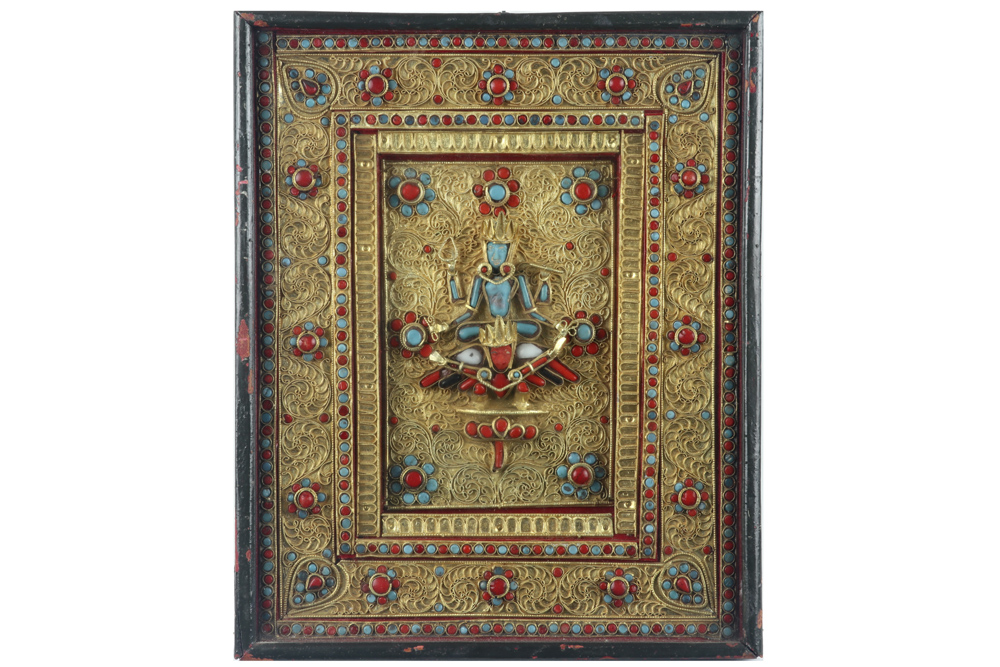 'antique' Nepalese shrine with filigrees work, gold leaves and cabochons of turquoise and coral &