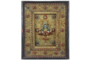 'antique' Nepalese shrine with filigrees work, gold leaves and cabochons of turquoise and coral &