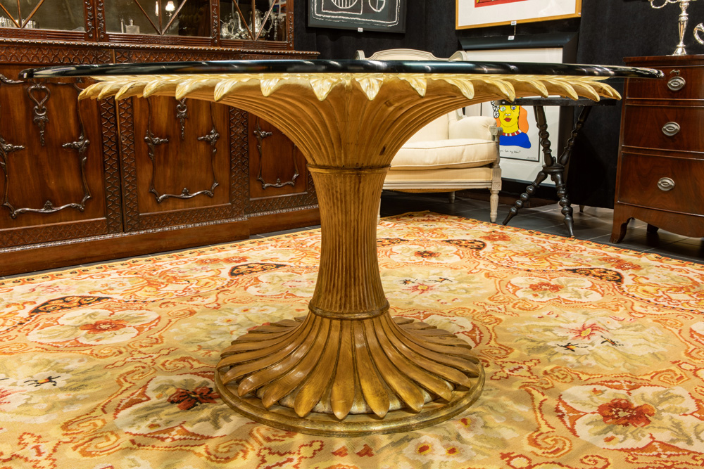 nineties' "Regency" design table with a base in partially gilded wood with typical leaves and with a - Image 2 of 4