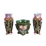 3 pieces of Art Nouveau ceramic : a planter and a pair of vases, marked Nimy || Lot (3) Art