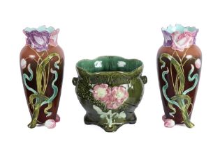 3 pieces of Art Nouveau ceramic : a planter and a pair of vases, marked Nimy || Lot (3) Art