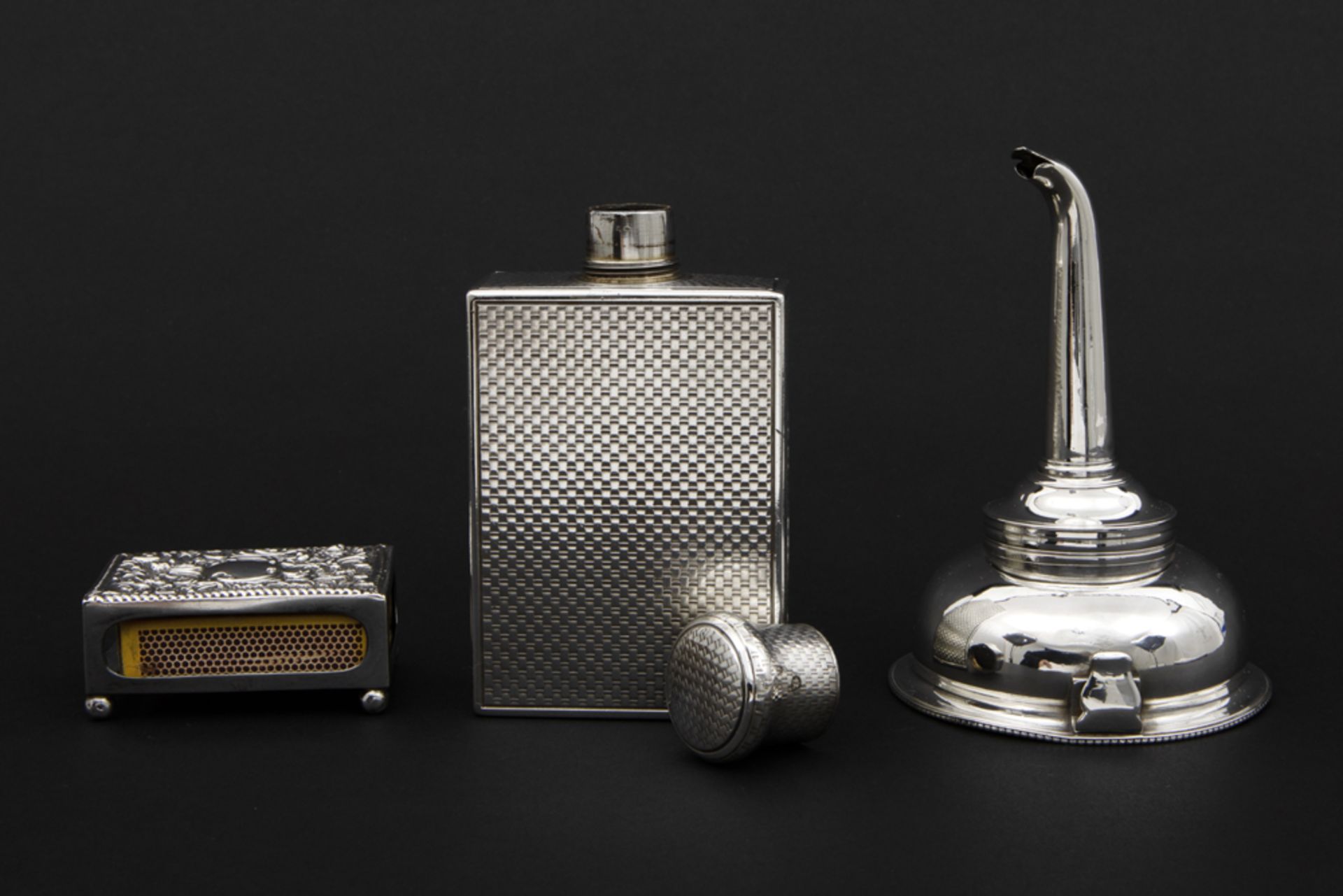 3 pieces of silver : an English marked match box, a flask and an 19th Cent. "Charles Fox" signed - Image 3 of 3