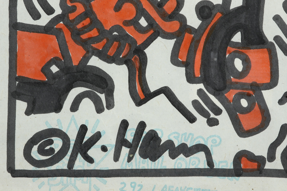 Keith Haring signed drawing in black and orange felt-tip pen with a typical figuration - with a - Image 2 of 3