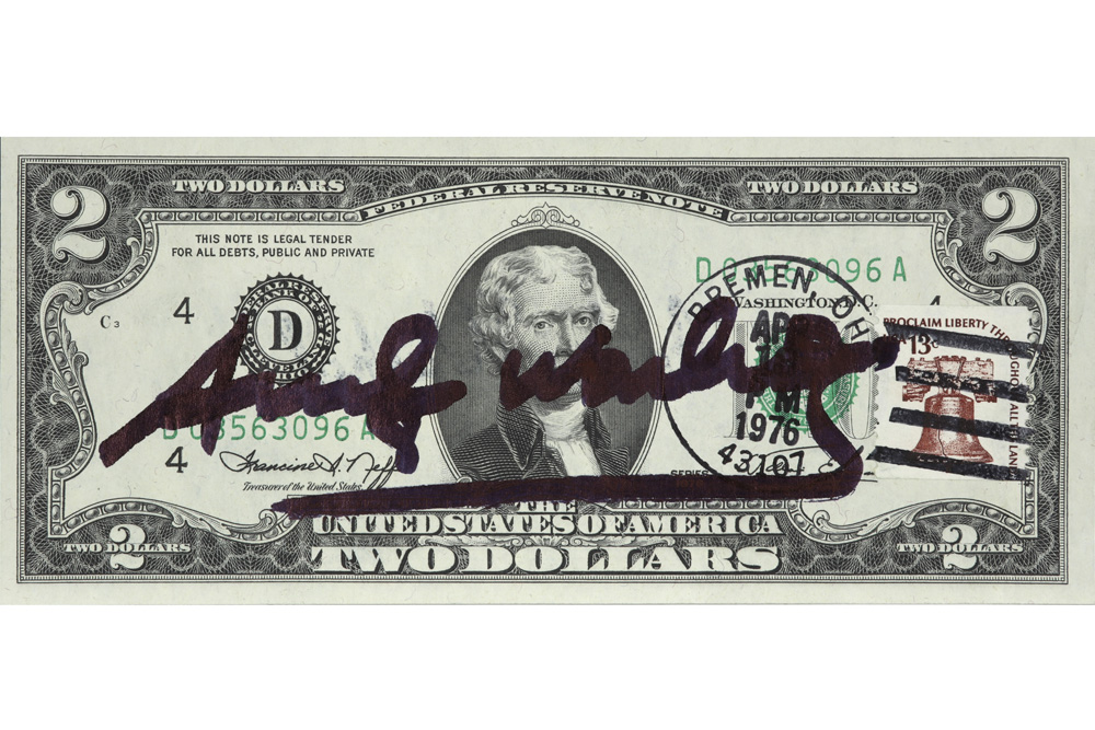 hand signed Andy Warhol "Two Dollar" banknote with postage stamp and stamped dd 1976 - with