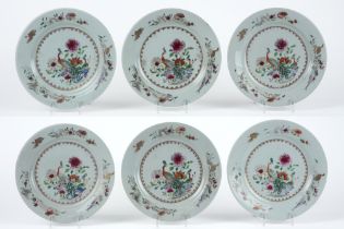 series of six 18th Cent. Chinese plate in porcelain with a 'Famille Rose' decor with flowers and