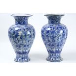 pair of antique vases in ceramic with a blue-white decor - signed C.L. Waegeneer || C.L WAEGENEER