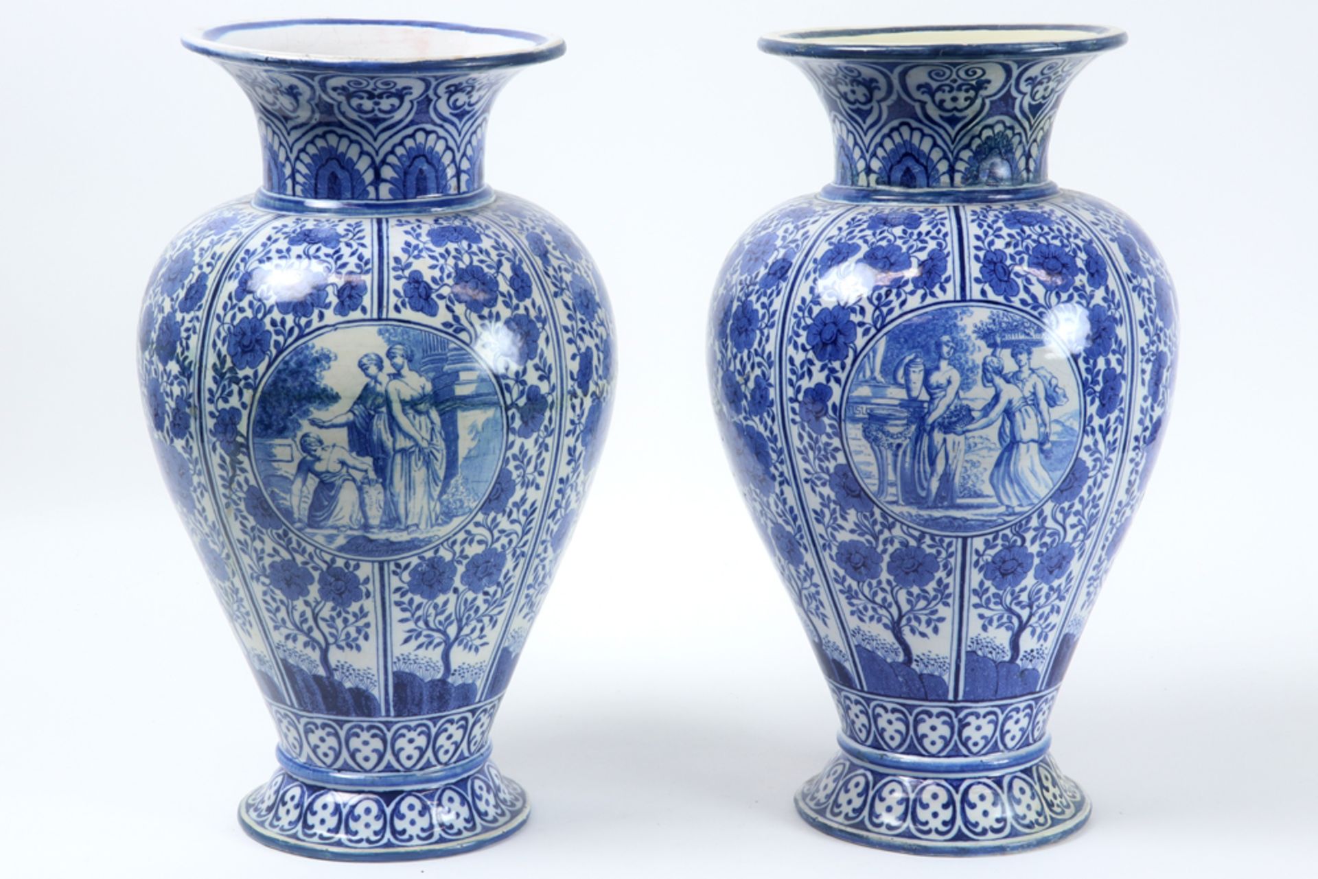 pair of antique vases in ceramic with a blue-white decor - signed C.L. Waegeneer || C.L WAEGENEER