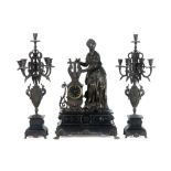 antique 3pc garniture in marble and metal with a pair of candelabra and a "Japy frêres" signed clock