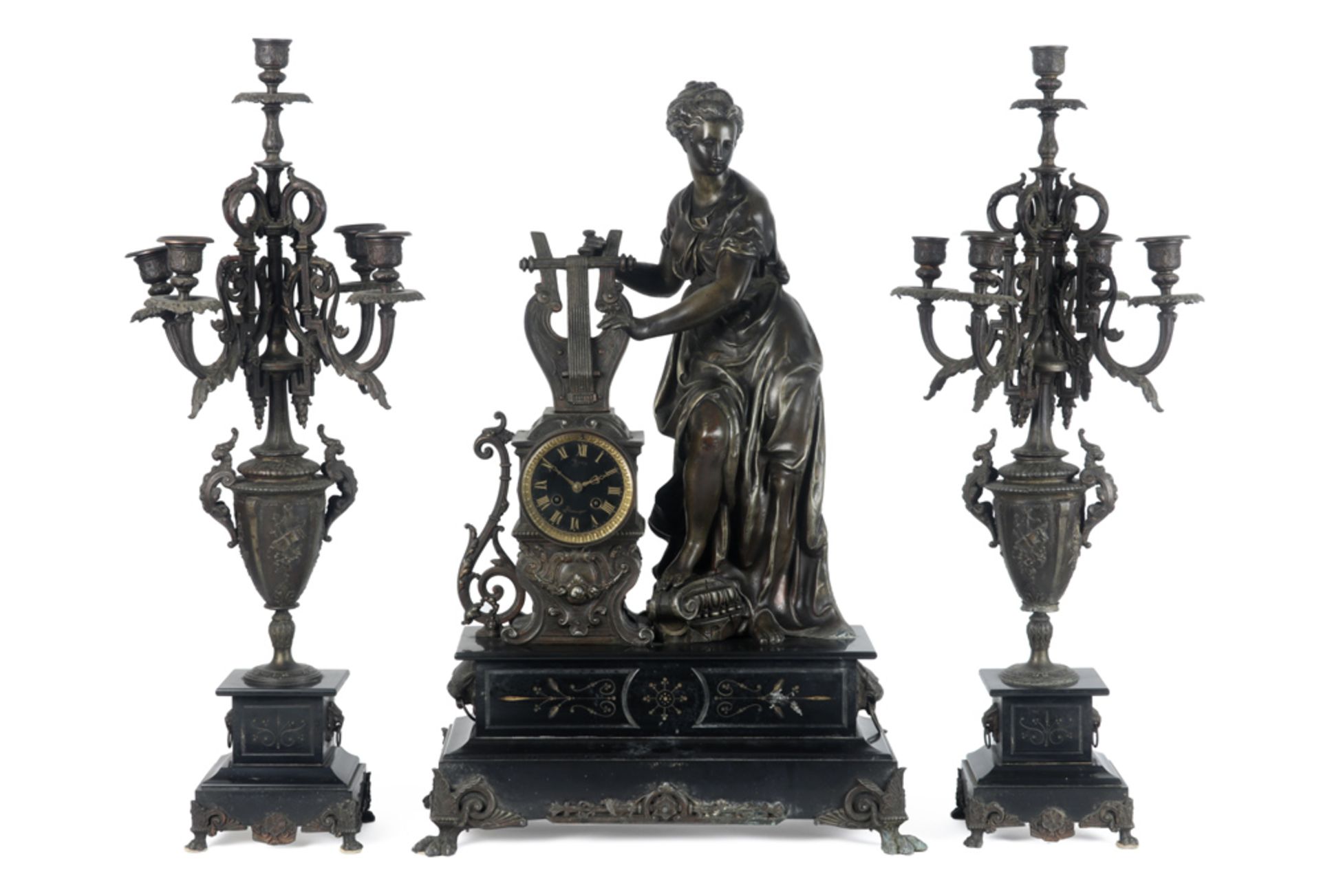 antique 3pc garniture in marble and metal with a pair of candelabra and a "Japy frêres" signed clock