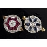 two eighties' vintage rings in yellow and white gold (18 carat), one with sapphire and one with ruby