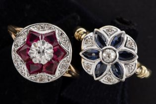 two eighties' vintage rings in yellow and white gold (18 carat), one with sapphire and one with ruby