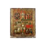 19th Cent. Russian icon || Negentiende eeuwse Russische icoon met centraal de gekruisigde Christus