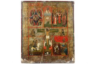19th Cent. Russian icon || Negentiende eeuwse Russische icoon met centraal de gekruisigde Christus