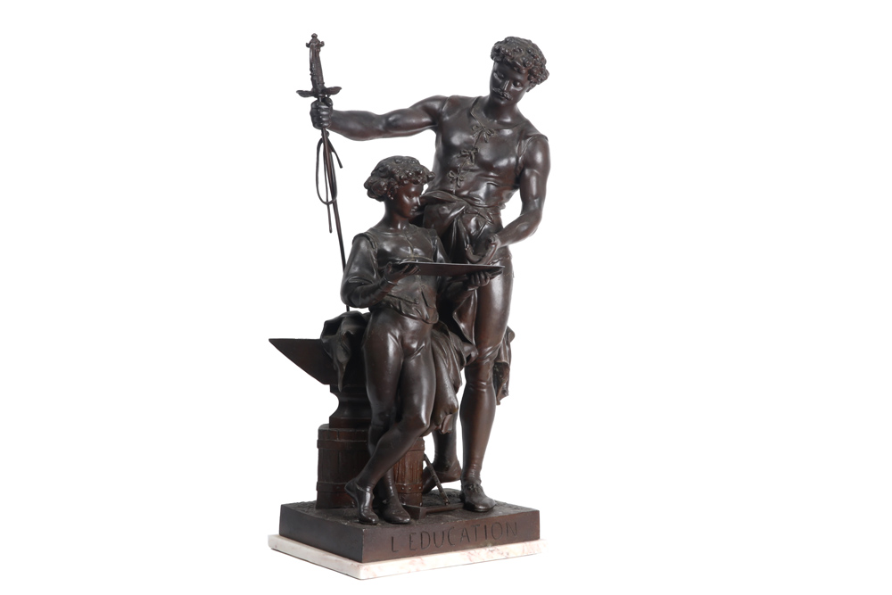antique French metal sculpture with two figures- titled and signed Henri Dumaige || DUMAIGE HENRI ( - Image 2 of 6