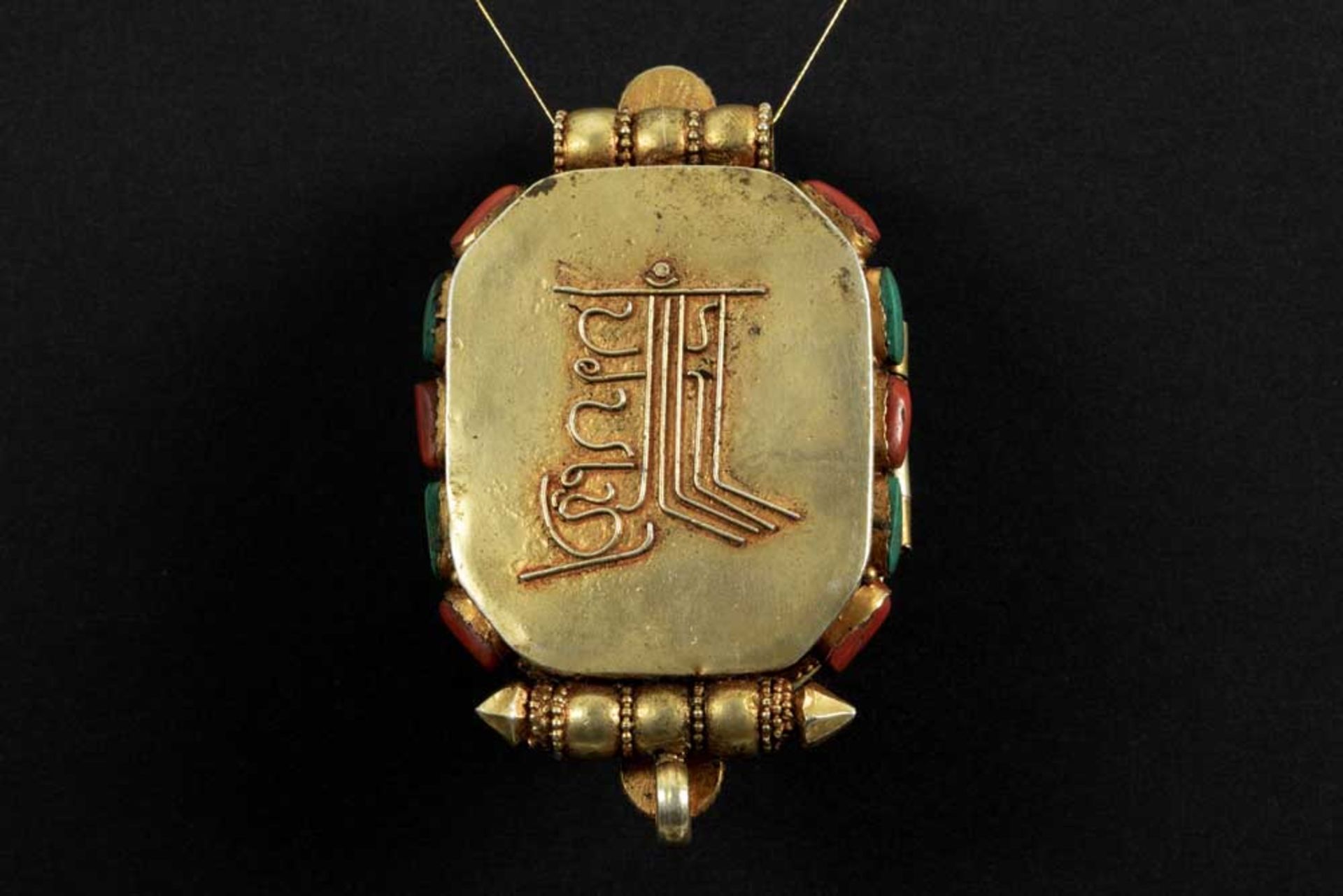 Tibeto Nepalese ghau in yellow gold on silver with turquoise, lapis lazuli and coral and with the - Image 3 of 3