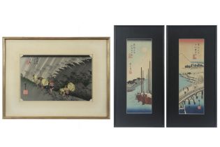 3 old Japanese Hiroshige prints || Lot van drie oude Japanse prenten met werken van Hiroshige