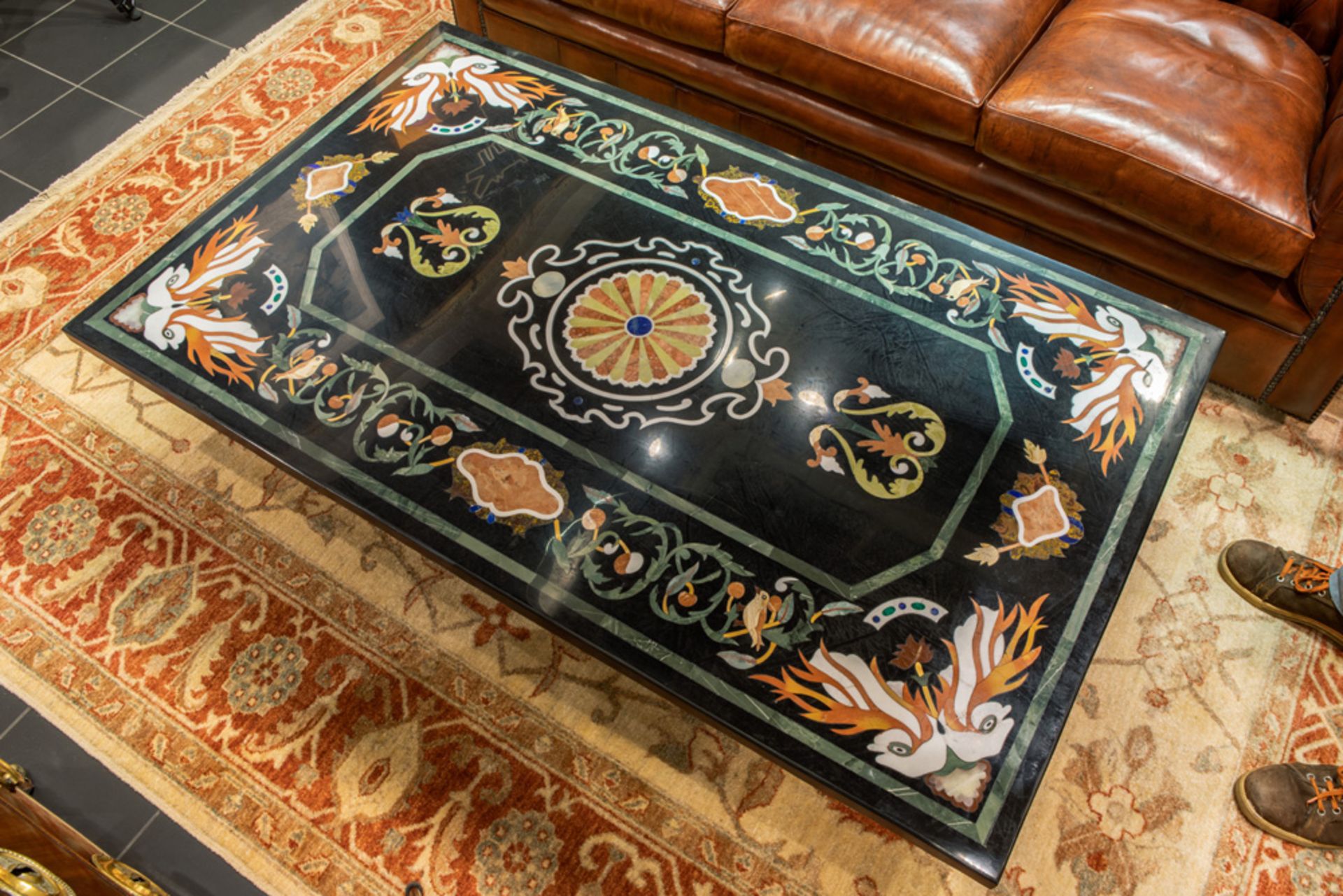 rectangular vintage marble top in marble inlaid with a colourful mosaic of different kinds of marble