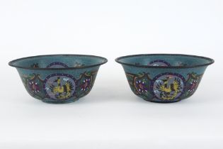 pair of antique marked cloisonné bowls (enamel on brass) with a polychrome decor with dragons and