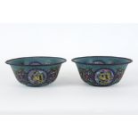 pair of antique marked cloisonné bowls (enamel on brass) with a polychrome decor with dragons and