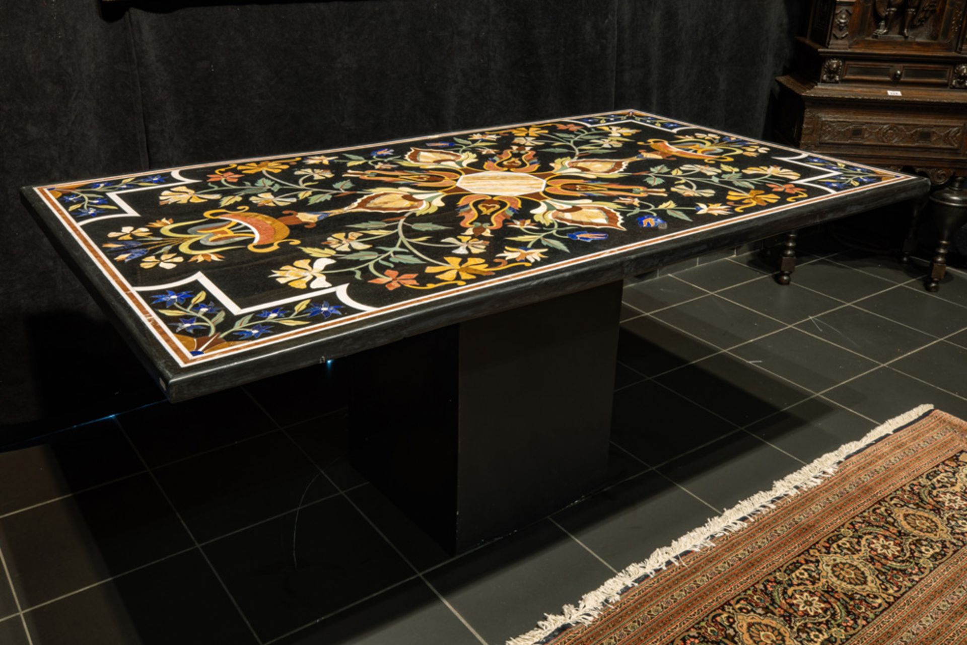 rectangular vintage marble top in marble inlaid with a colourful mosaic of different kinds of marble