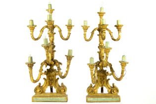 pair of quite big, antique and decorative (wall) candelabra in gilded and sculpted wood || Paar