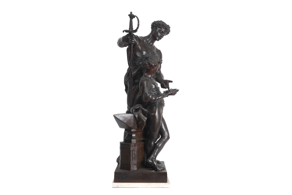 antique French metal sculpture with two figures- titled and signed Henri Dumaige || DUMAIGE HENRI ( - Image 3 of 6