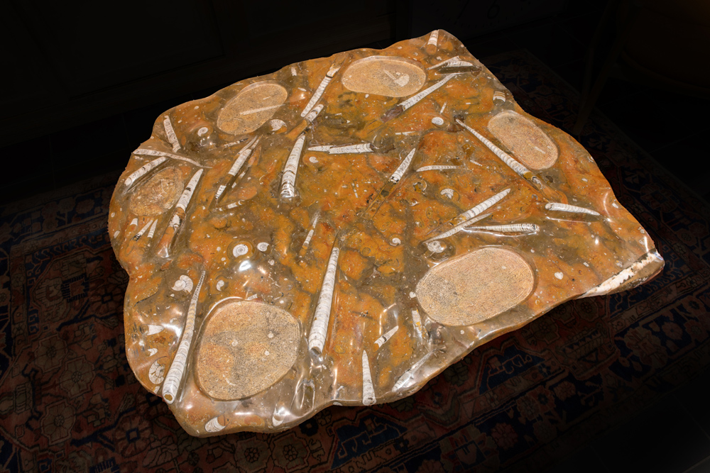 fancy table made by the Belgian sculptor Joris Maes with a top in fossil stone with ammonites || - Image 3 of 3