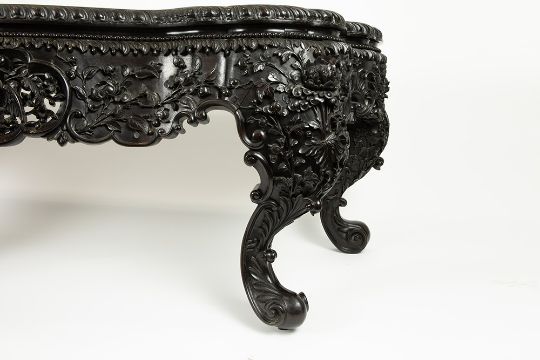 imposing antique Chinese richly sculpted hardwood console, presumably in ironwood, with a marble top - Image 11 of 11