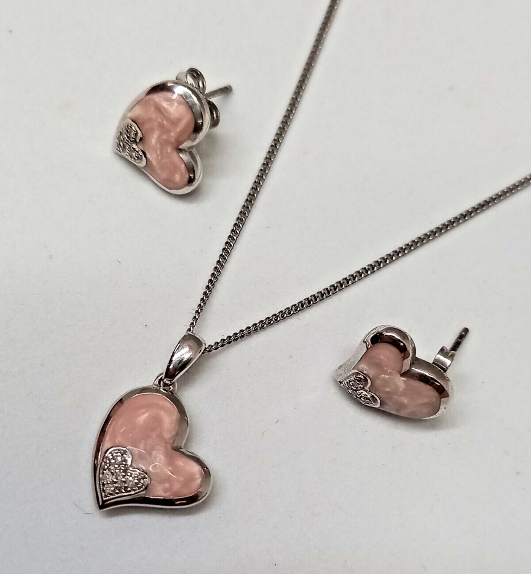 PENDANT & EARRING SET/CERAMIC & DIAMONDS BABY PINK/STERLING SILVER - Image 2 of 2