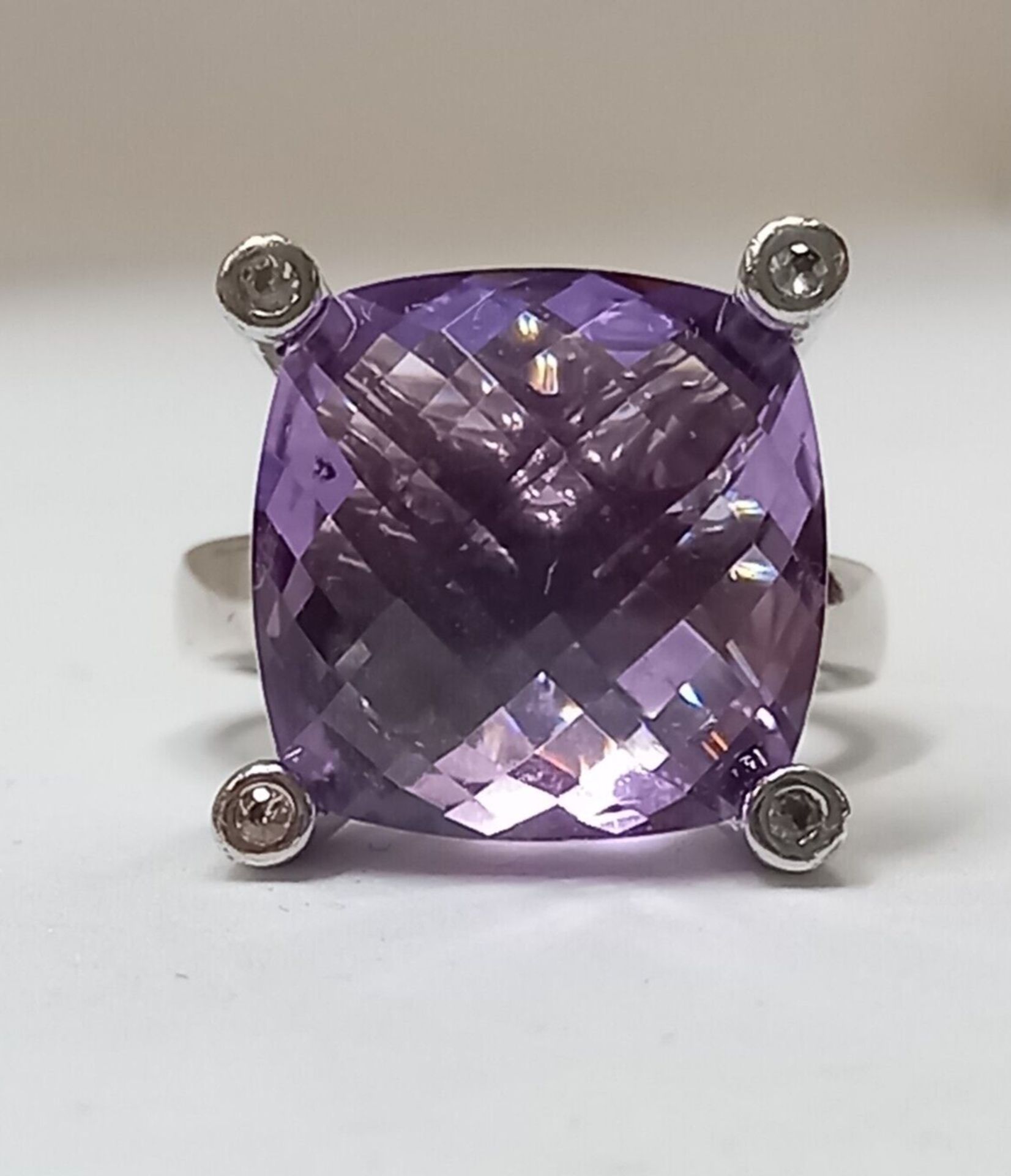 LARGE AMETHYST & DIAMOND SILVER RING