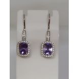 SILVER HOOK EARRINGS CUBIC ZIRCONIA & PURPLE STONE