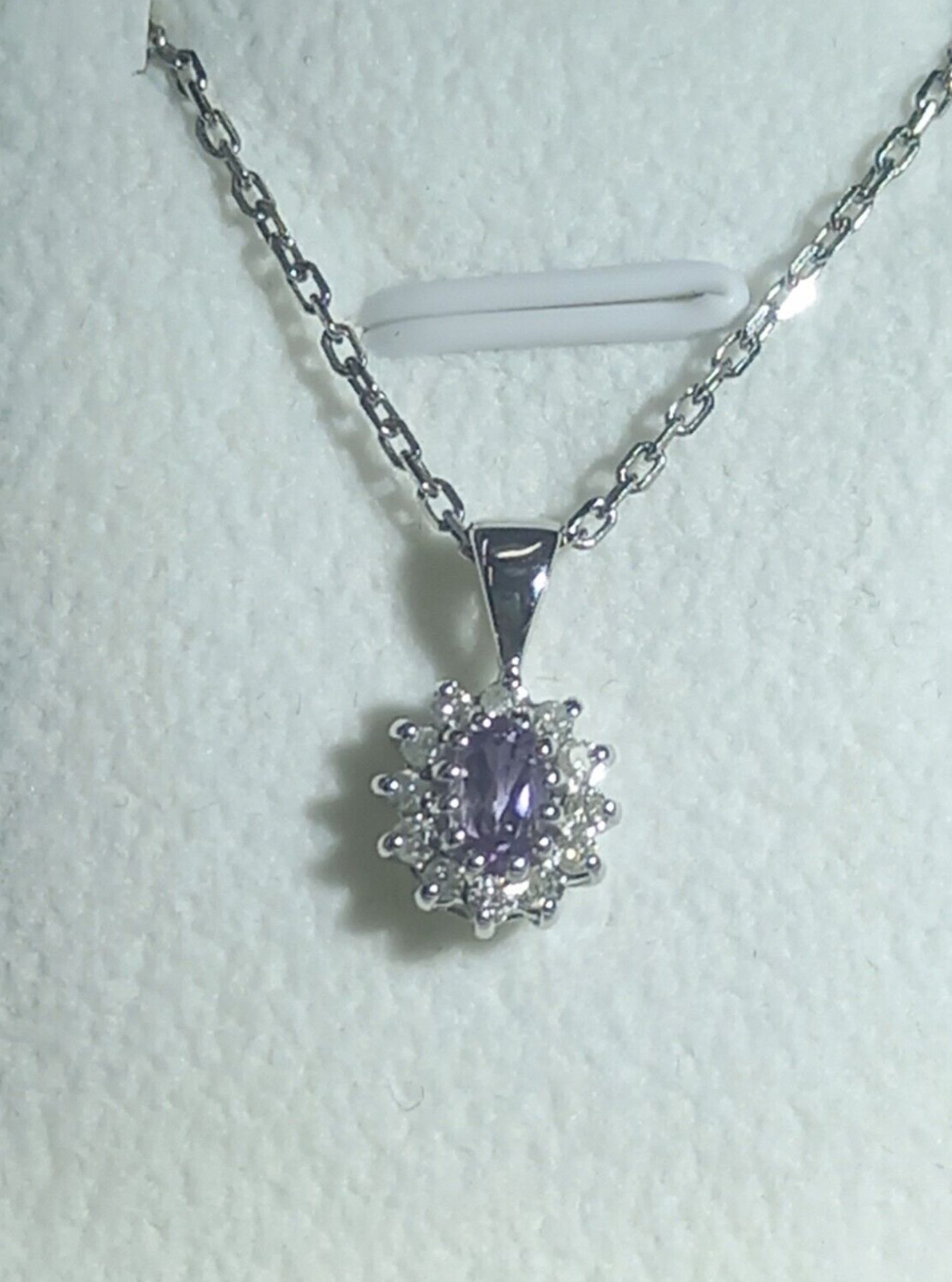0.12CT DIAMOND & AMYTHIST PENDANT 9CT WHITE GOLD IN GIFT BOX + VALUATION CERTIFICATE OF £795 - Image 2 of 4