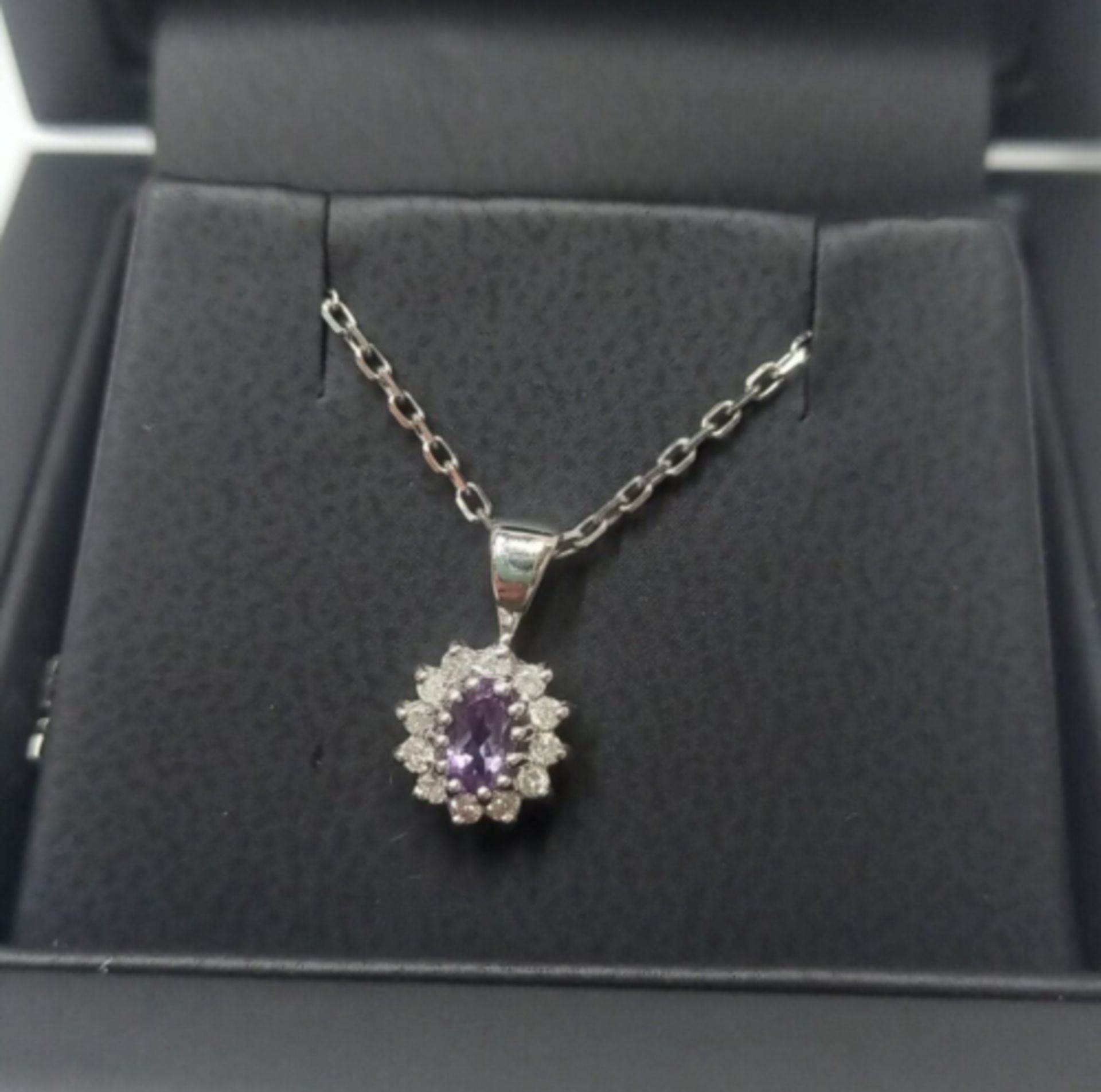 0.12CT DIAMOND & AMYTHIST PENDANT 9CT WHITE GOLD IN GIFT BOX + VALUATION CERTIFICATE OF £795