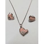 PENDANT & EARRING SET/CERAMIC & DIAMONDS BABY PINK/STERLING SILVER