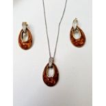 PENDANT & EARRING SET/CERAMIC & DIAMONDS /STERLING SILVER