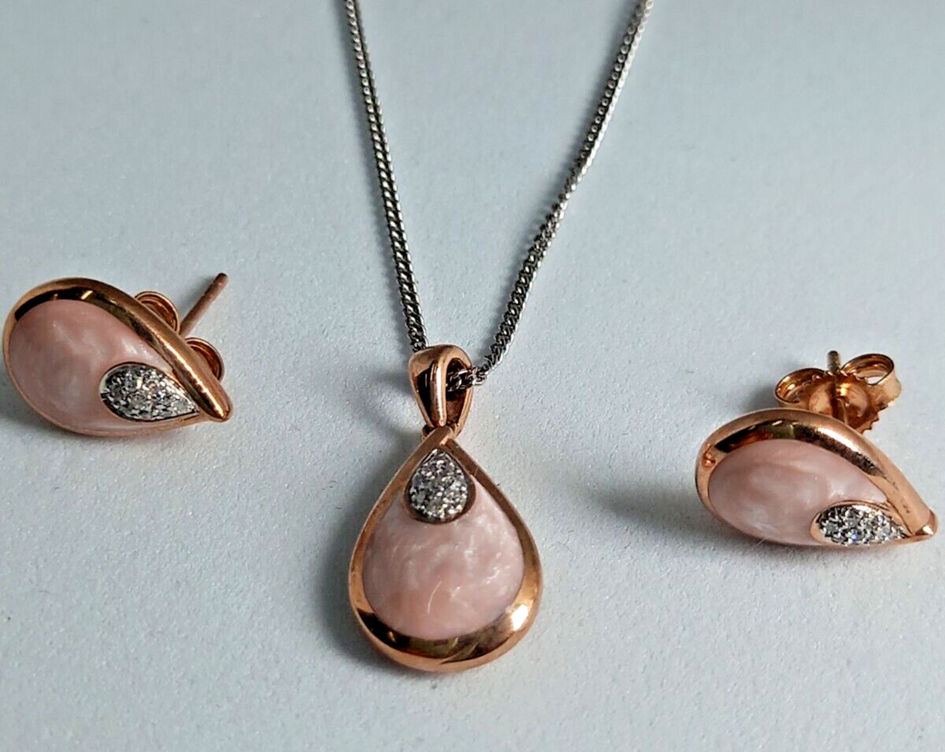 PENDANT & EARRING SET/CERAMIC & DIAMONDS BABY PINK/ROSE STERLING SILVER - Image 3 of 5