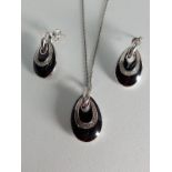 PENDANT & EARRING SET/BLACK CERAMIC & DIAMONDS /STERLING SILVER