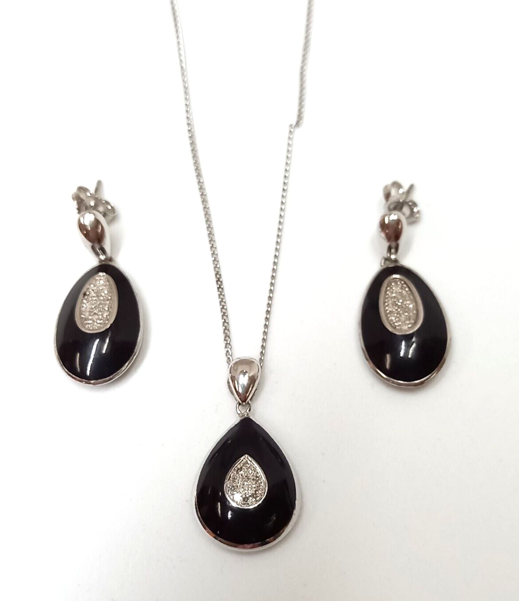 PENDANT & EARRING SET/CERAMIC & DIAMONDS /STERLING SILVER